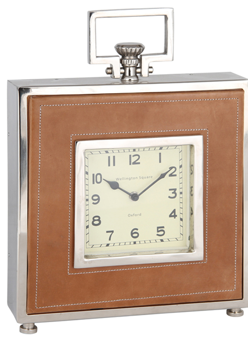 75-006 square tan leather metal clock