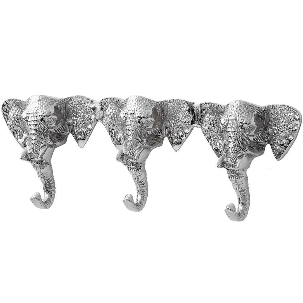 11905 Decorative Three Elephant Heads Hammered Metal 5 Coat Hooks