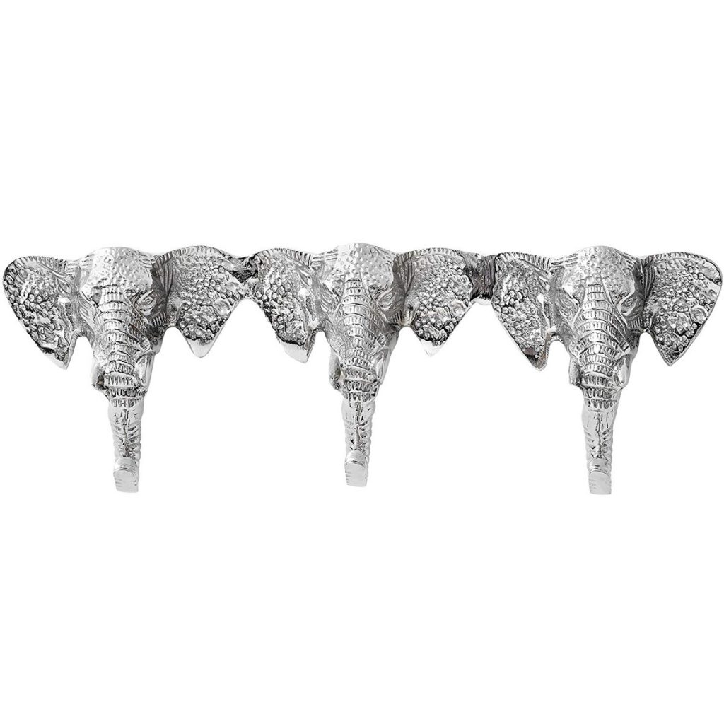 11905-a Decorative Three Elephant Heads Hammered Metal 5 Coat Hooks
