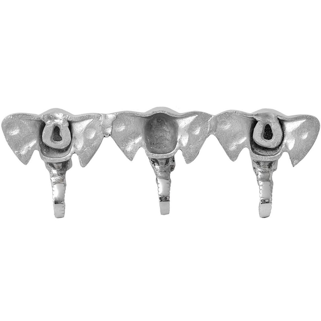11905-b Decorative Three Elephant Heads Hammered Metal 5 Coat Hooks