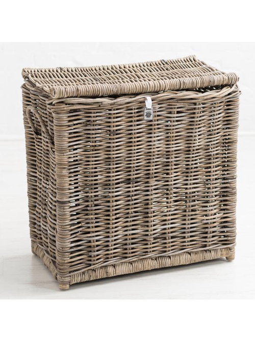 2 Sturdy Woven Wicker Rustic Natural Grey Brown Divided Lidded Laundry Bin Basket