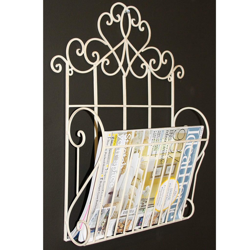 YF1063_3 Ornate Decorative Scroll Cream Metal Magazine Rack Holder