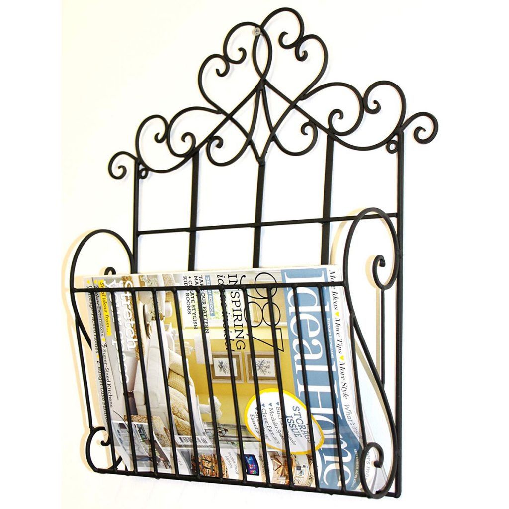 YF1065_1 Ornate Decorative Scroll Black Metal Magazine Rack Holder