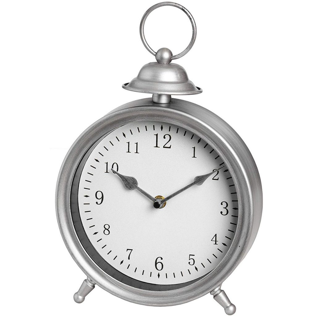 17864 Silver Grey Bell Decoration Handle Round Freestanding Desk Shelf Mantel Clock