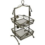 BIM021__Antiqued Silver Metal Ornate 2 Tier Storage Organiser Container Basket Stand