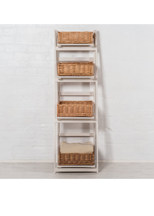 Country Style Sturdy White Wooden Wicker Baskets Ladder Storage Shelves