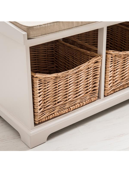 Country Style White Wicker Baskets 2 Seater Hallway Storage Bench a