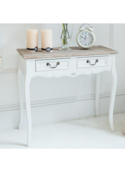 M000200 French Style White Hand Carved Heart Detail Wooden Hallway Drawer Console Table a