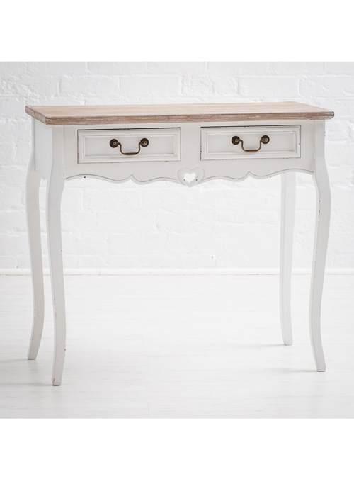 M000200 French Style White Hand Carved Heart Detail Wooden Hallway Drawer Console Table
