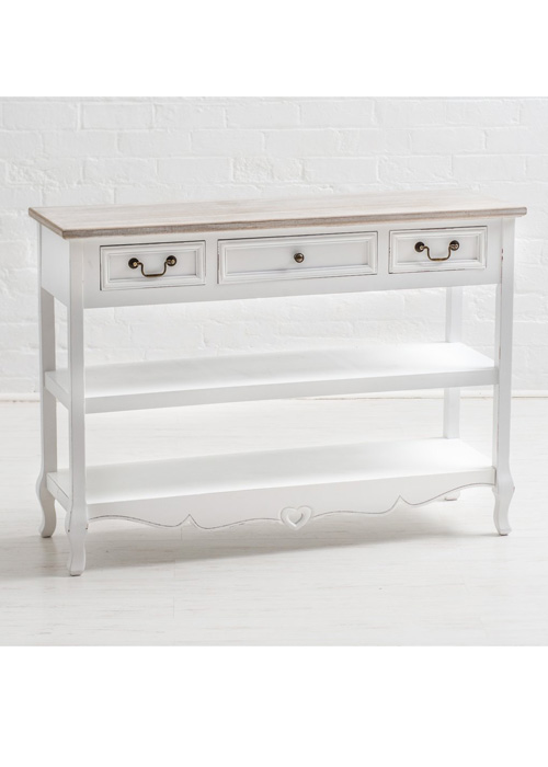 M000202 French Style White Hand Carved Heart Detail Wooden 3 Drawers Shelf Console Table a