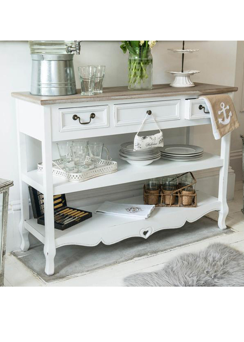 M000202 French Style White Hand Carved Heart Detail Wooden 3 Drawers Shelf Console Table b