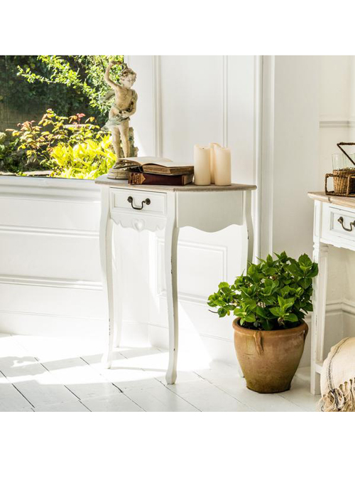 M000205 French Style Distressed White Heart Detail 1 Drawer Half Moon Console Table a