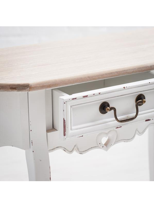 M000205 French Style Distressed White Heart Detail 1 Drawer Half Moon Console Table b