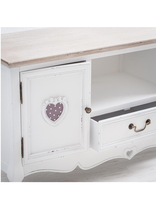 M000210 French Style Distressed White Heart Detail TV Television Unit Stand Cabinet a