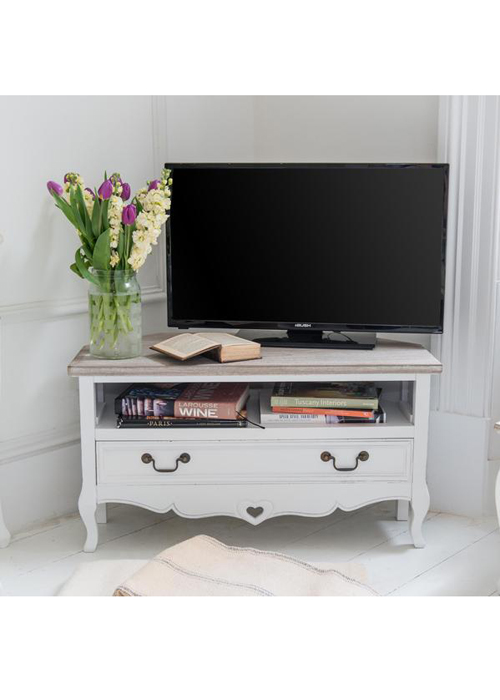 M000211 French Style Distressed White Heart Detail Television Unit Stand Corner Cabinet
