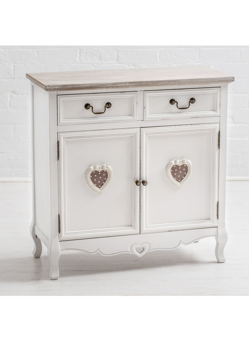M000220 French Style Distressed White Heart Detail 2 Drawer Cupboard Cabinet Sideboard b