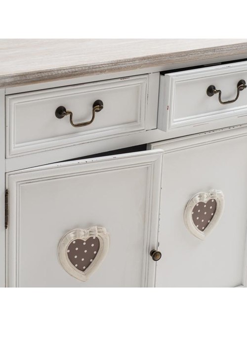 M000220 French Style Distressed White Heart Detail 2 Drawer Cupboard Cabinet Sideboard d