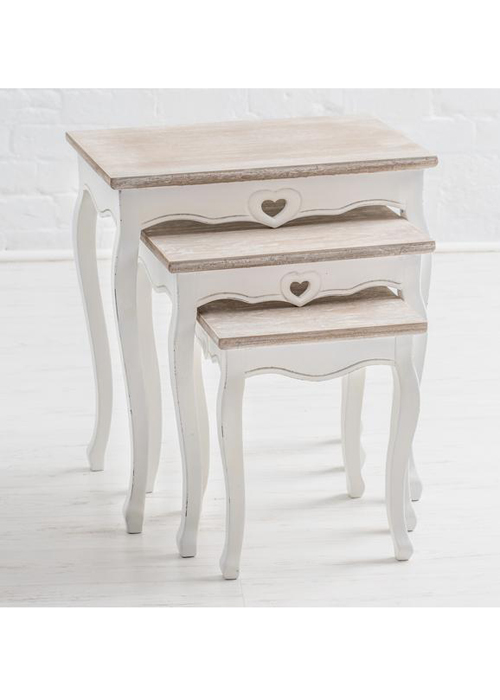 M000230 French Style Distressed White Heart Detail Set 3 Nest Of Tables a