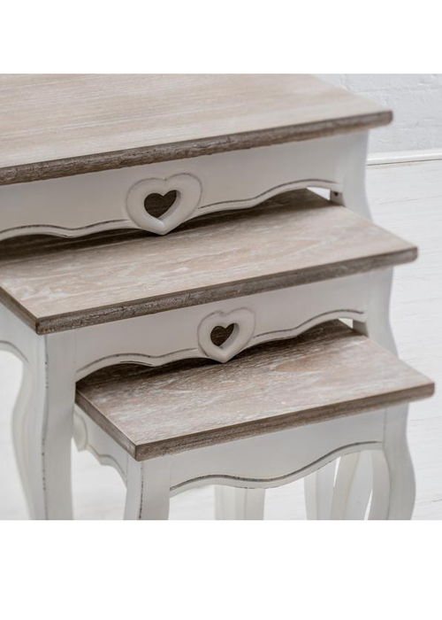 M000230 French Style Distressed White Heart Detail Set 3 Nest Of Tables b