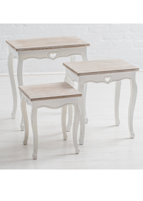 M000230 French Style Distressed White Heart Detail Set 3 Nest Of Tables c