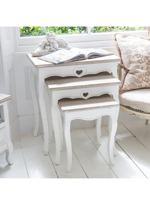 M000230 French Style Distressed White Heart Detail Set 3 Nest Of Tables