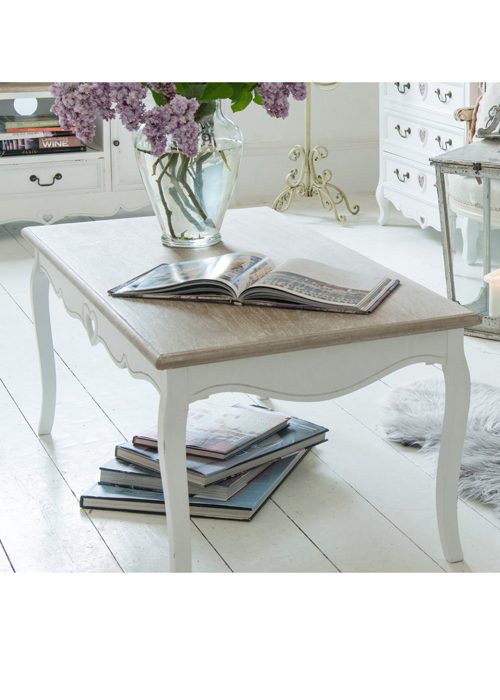 M000235 French Style Distressed White Hand Carved Heart Assembled Wooden Coffee Table