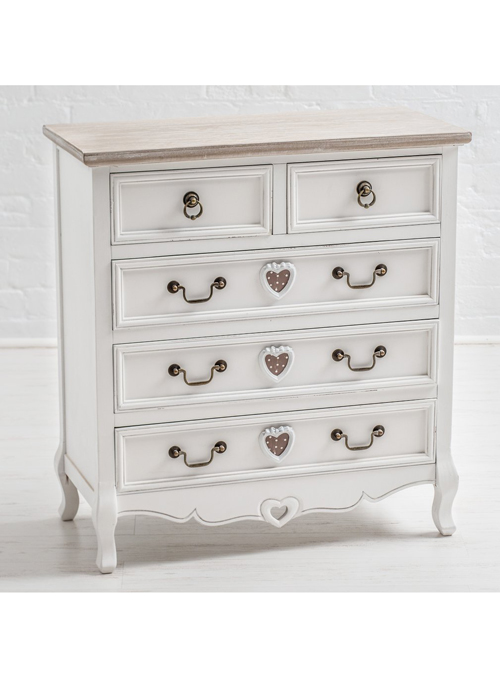 M000255 French Style White Hand Carved Heart Detail Wooden Storage Unit Chest 5 Drawers a