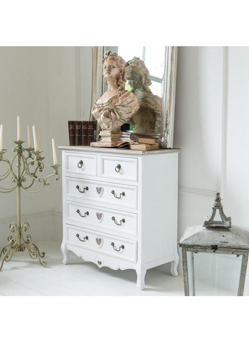 M000255 French Style White Hand Carved Heart Detail Wooden Storage Unit Chest 5 Drawers b