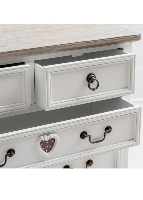 M000255 French Style White Hand Carved Heart Detail Wooden Storage Unit Chest 5 Drawers