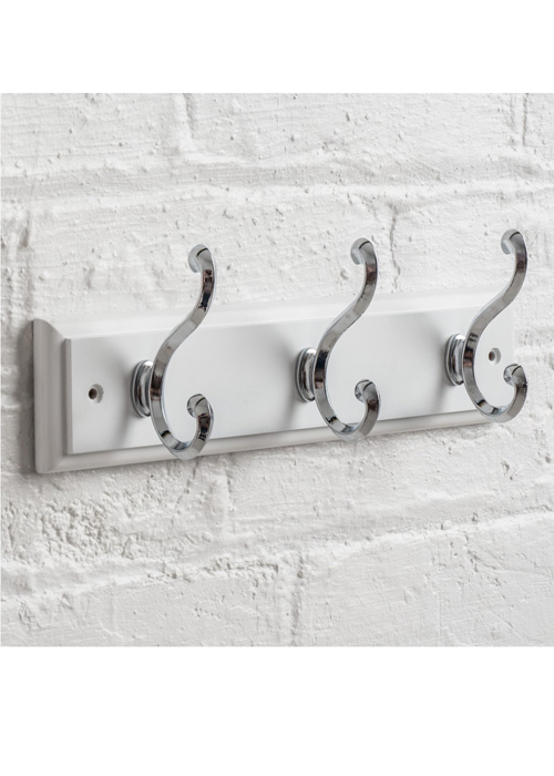 M900930_a_White Wooden Hat Coat Rail Nickel Metal 3 Double Scroll Hooks