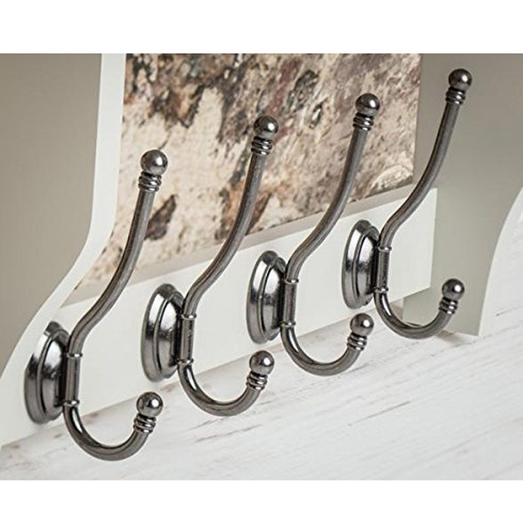 M900950_2_Painted Pale French Grey Shelf Coat Rack Pewter Metal 4 Double Hooks