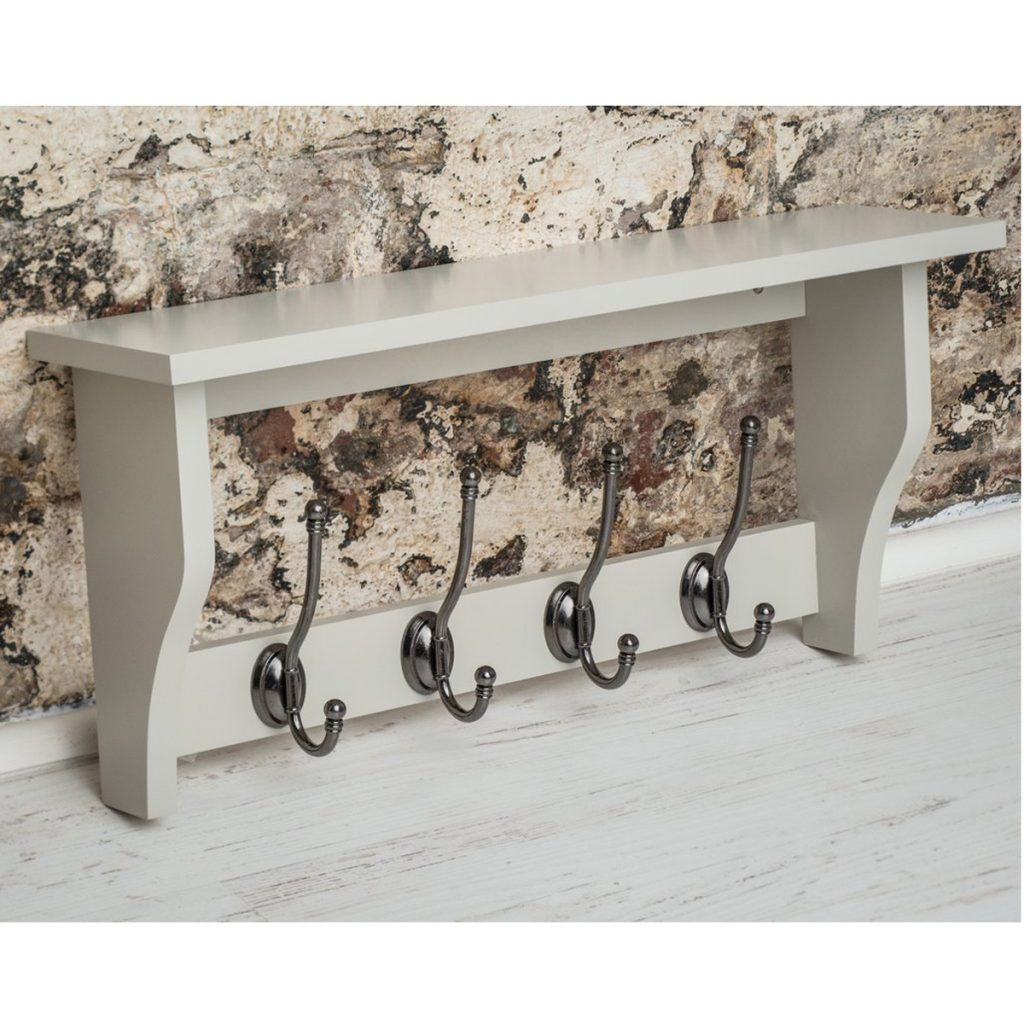 M900950_Painted Pale French Grey Shelf Coat Rack Pewter Metal 4 Double Hooks