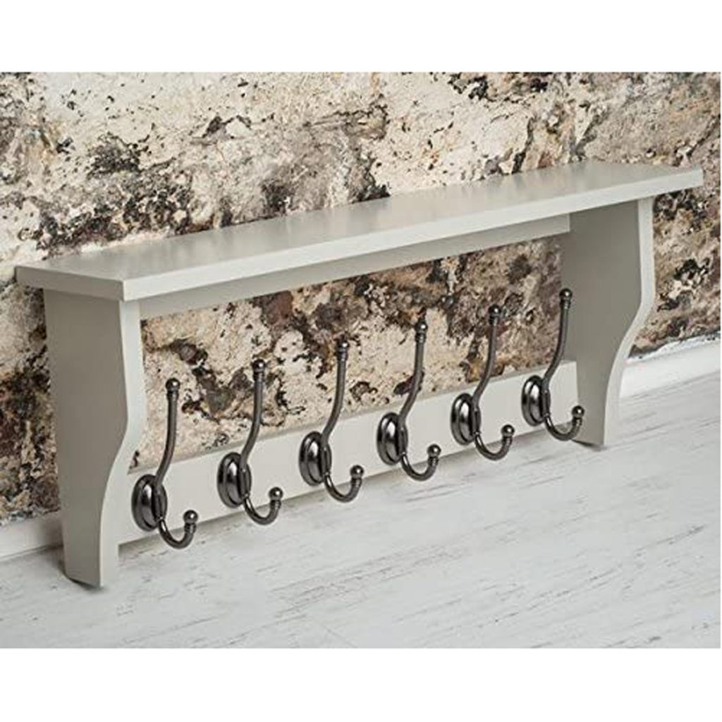 M900951_Painted Pale French Grey Shelf Coat Rack Pewter Metal 6 Double Hooks