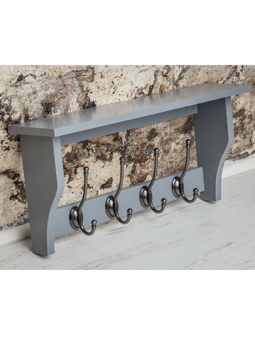 M900952_Painted Dove Grey Wooden Shelf Coat Rack Pewter Metal 4 Double