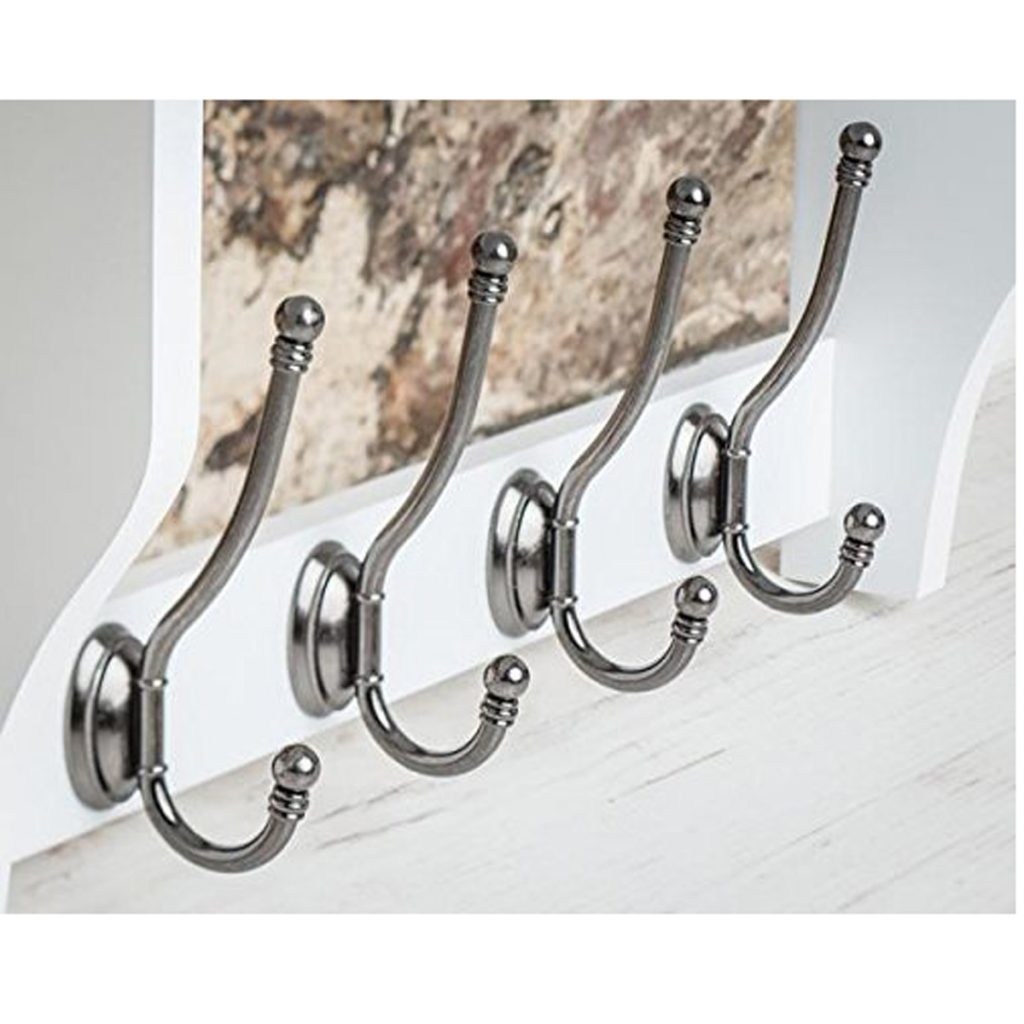 M900954_2_Painted Pale Paris White Wooden Shelf Coat Hat Rack Pewter Metal 4 Double Hooks