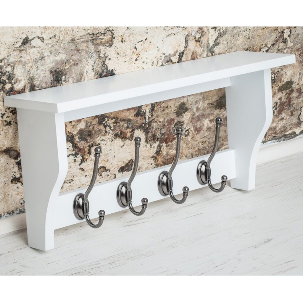 M900954_Painted Pale Paris White Wooden Shelf Coat Hat Rack Pewter Metal 4 Double Hooks