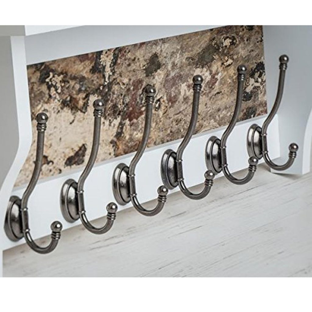 M900955_2_Painted Paris Pure White Shelf Coat Rack Pewter Metal 6 Double Hooks