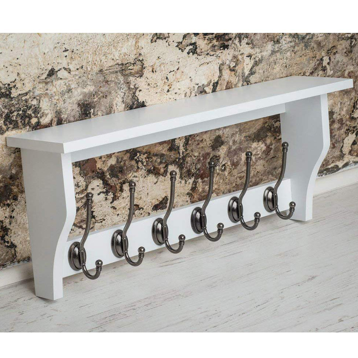 M900955_Painted Paris Pure White Shelf Coat Rack Pewter Metal 6 Double Hooks Interior Flair
