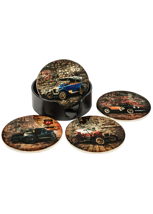 HFL065 Vintage Cars Set 4 Coasters with Holder - Interior Flair