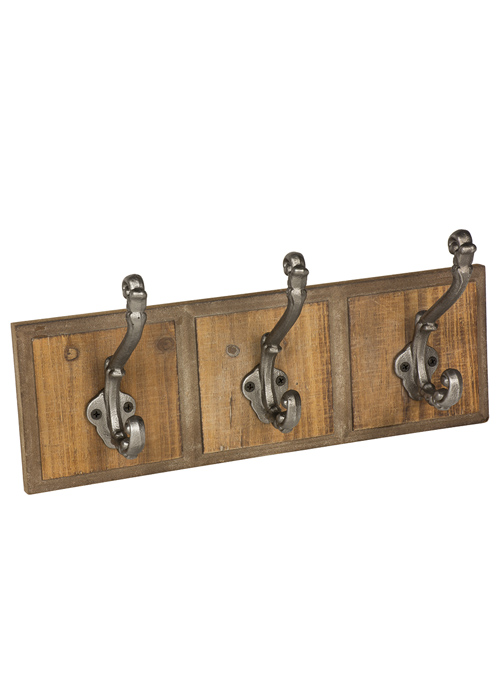 QEL061 Vintage Industrial Style Wooden 3 Coat Hooks
