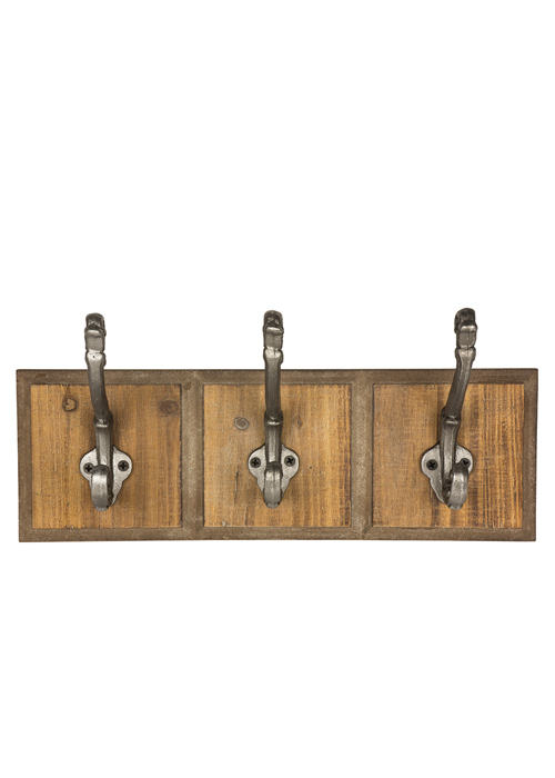 QEL061_1 Vintage Industrial Style Hallway Brown Wooden Grey Metal Double Coat Hat Hooks
