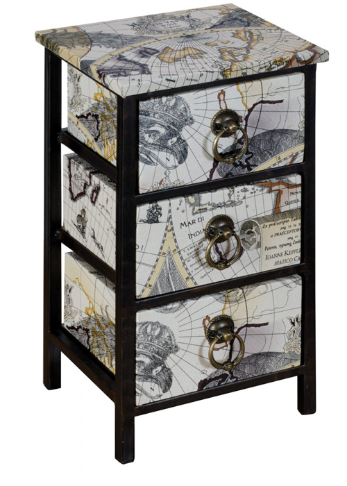 NYC121_Vintage Map Black 3 Drawer Storage Chest