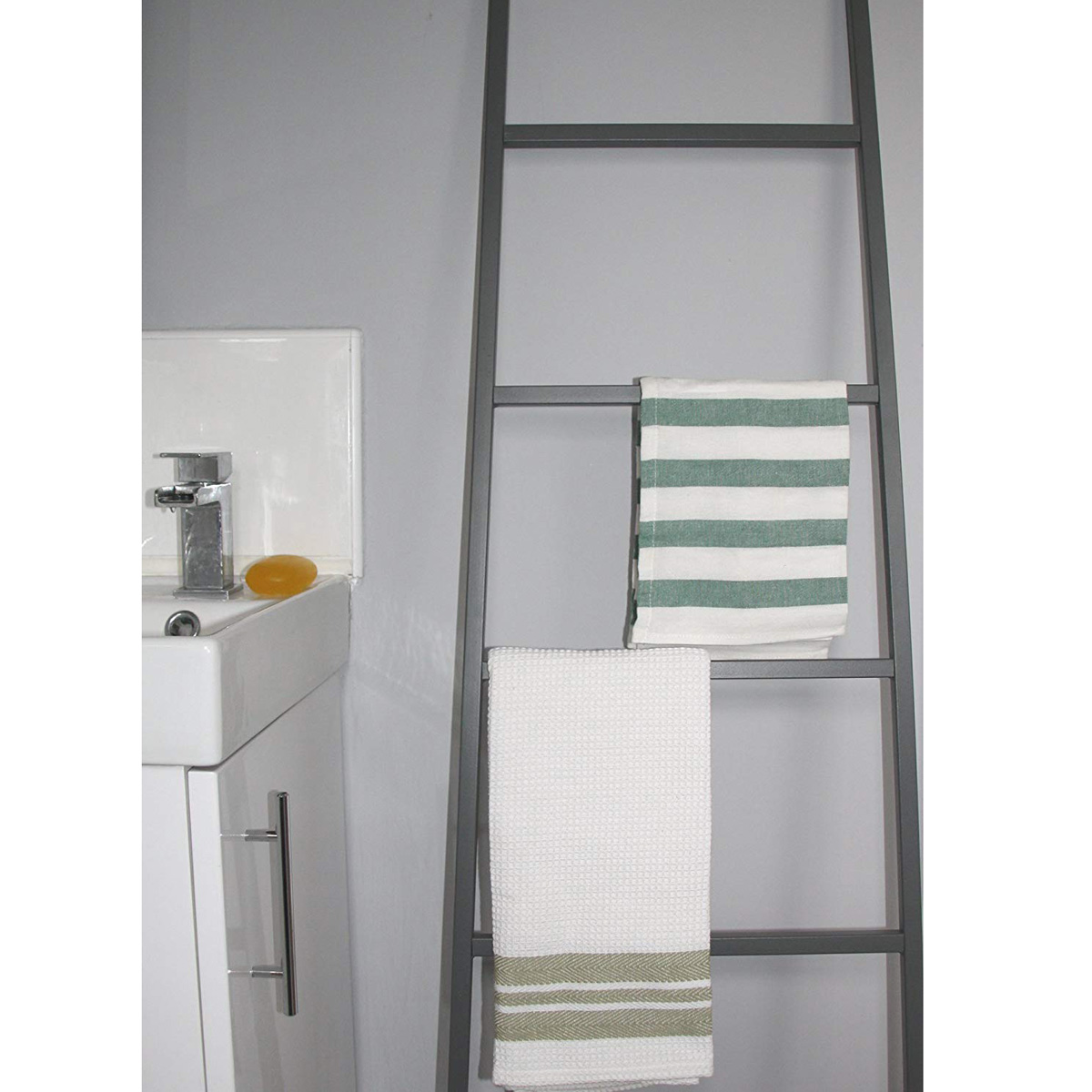 BS012_2 Tall Grey Leaning Towel Holder Ladder Interior Flair