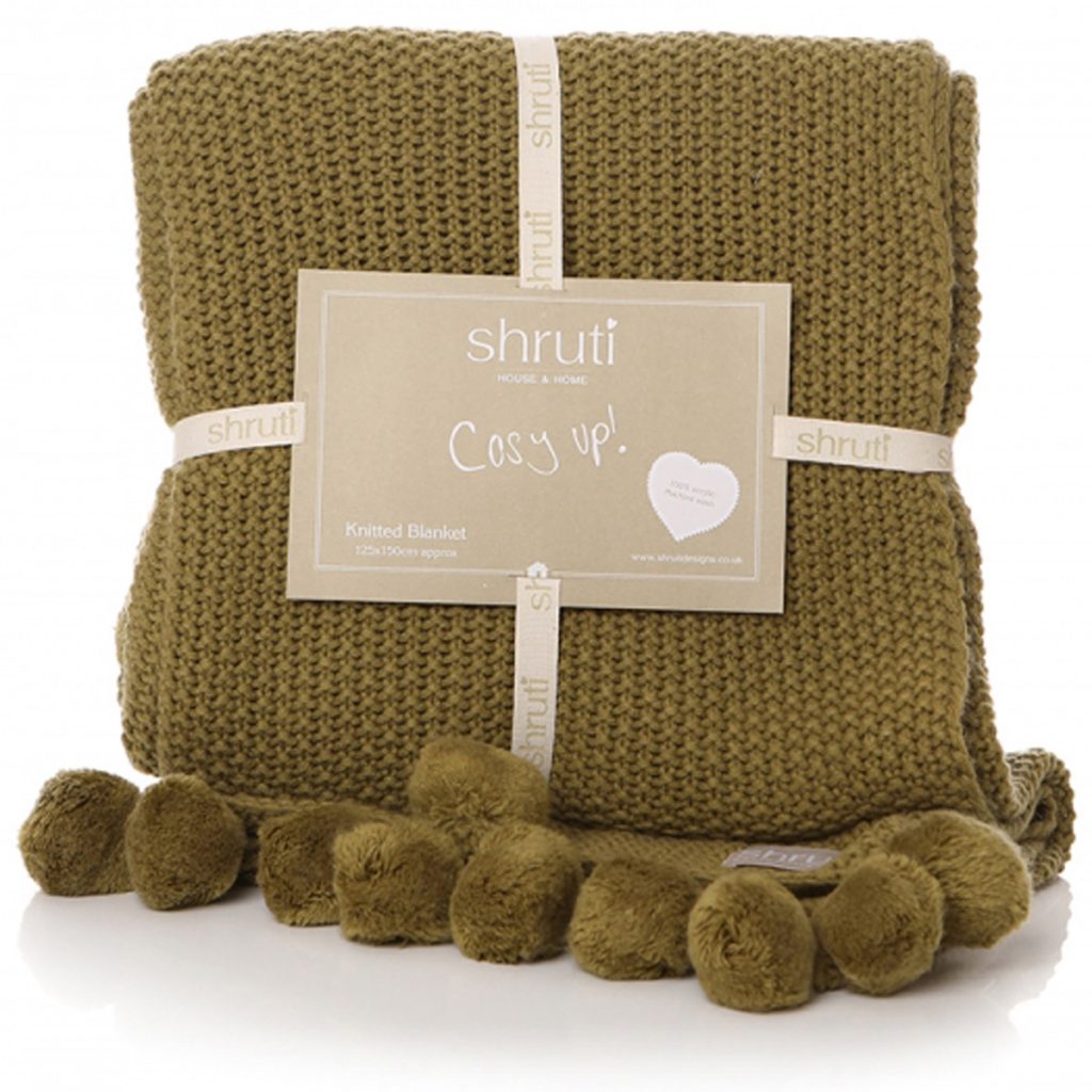 42532 Khaki Pom Pom Knitted Throw Blanket