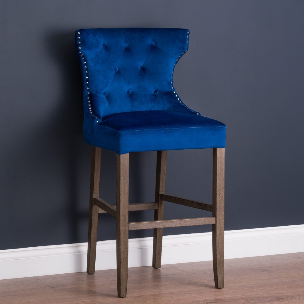 19351-b Navy Blue Velvet Upholstered Bar Stool