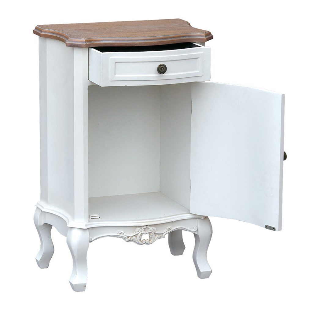 tfg005-aw-open_1 Antique White Ornate Brown Bedside Cabinet
