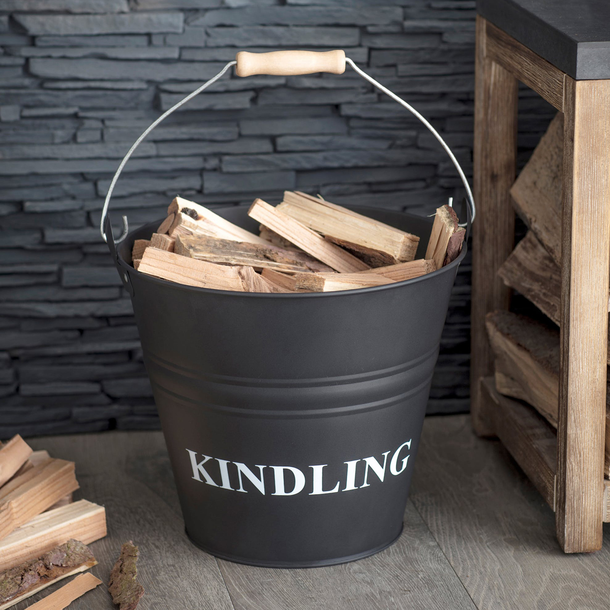 BUCN02_a Grey Fireplace Kindling Bucket with Lid Interior Flair