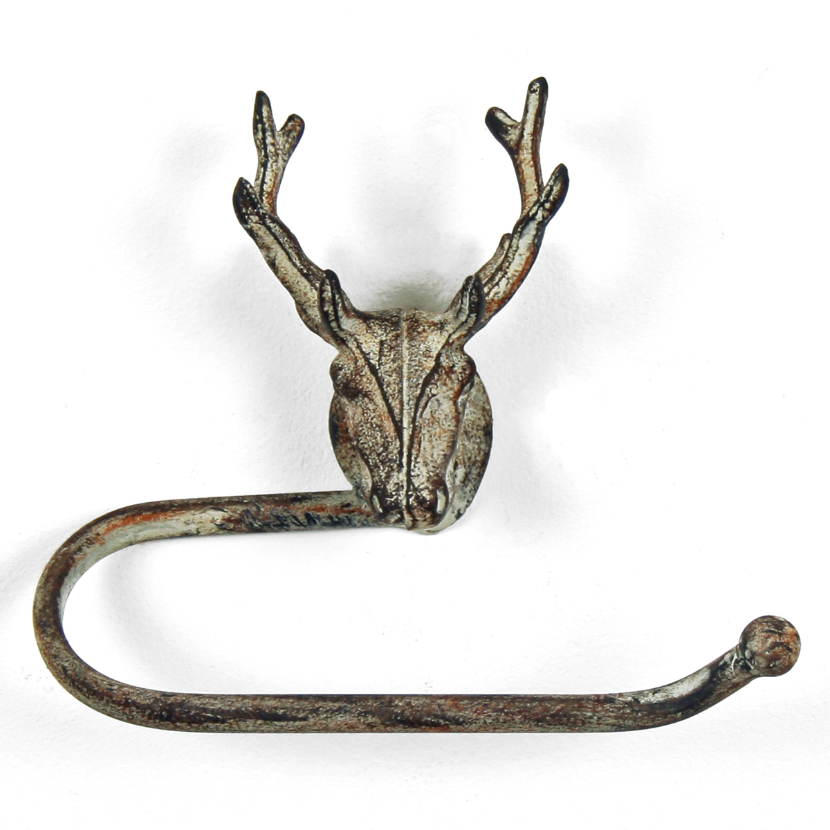 Antique Distressed Stag Deer Antlers Head Metal Bathroom Toilet Roll Holder 