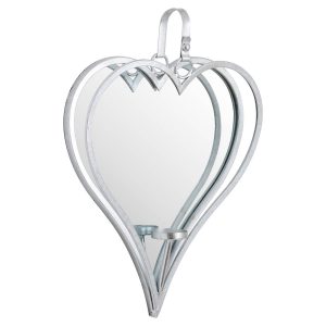 19723 Large Silver Heart Mirror Candle Sconce